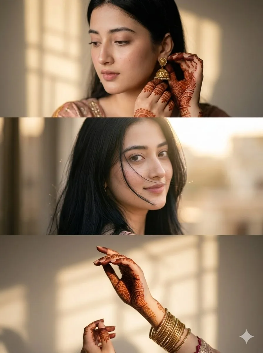 Cinematic South Asian Woman Portrait Collage - Nano Banana Pro AI Prompt for Social Media Post reference