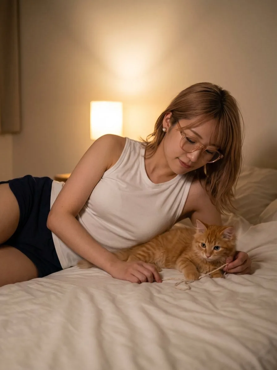 Cozy Bedroom Woman with Orange Kitten reference