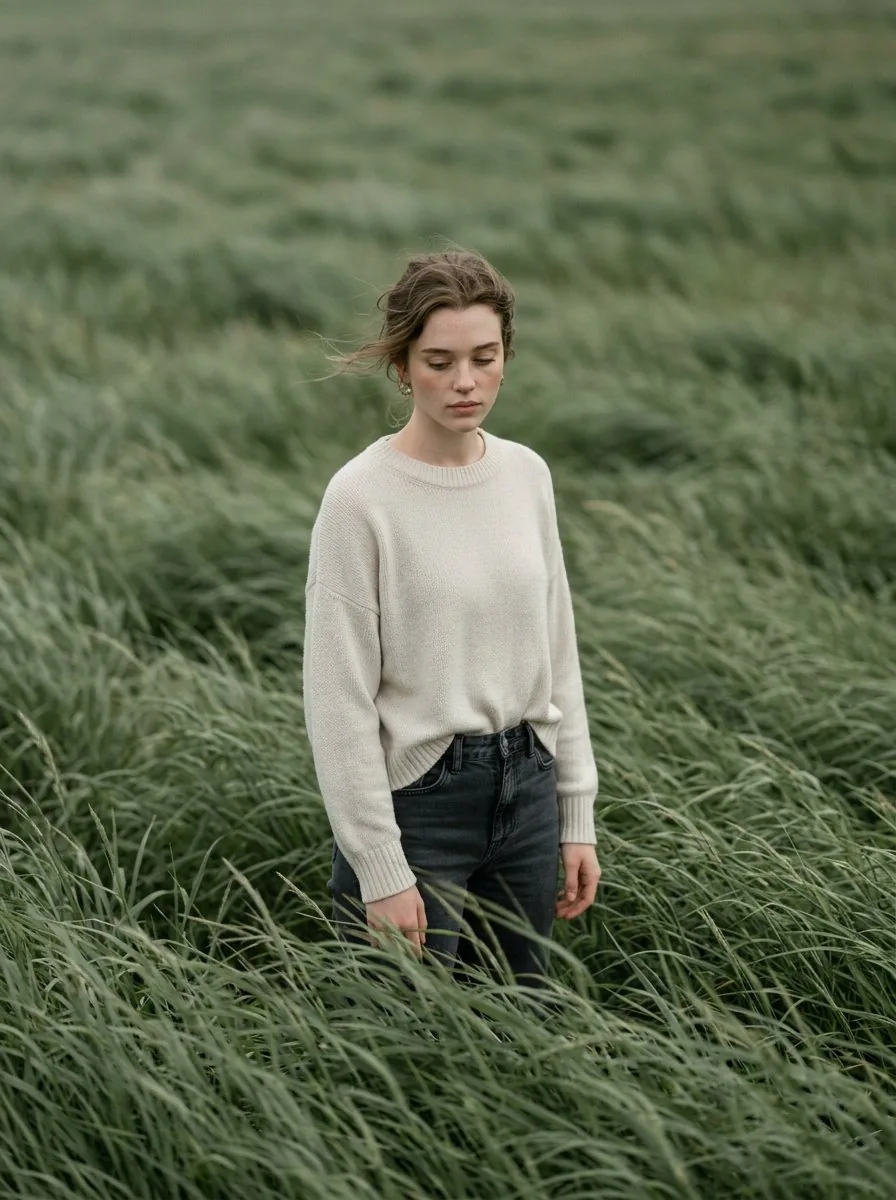 Cinematic Portrait in Sage-Green Grass Field - Nano Banana Pro AI Prompt for Social Media Post reference