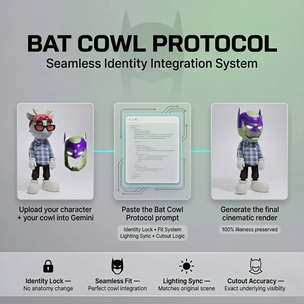Bat Cowl Protocol Character Prompt - Nano Banana Pro AI Prompt for Game Asset reference