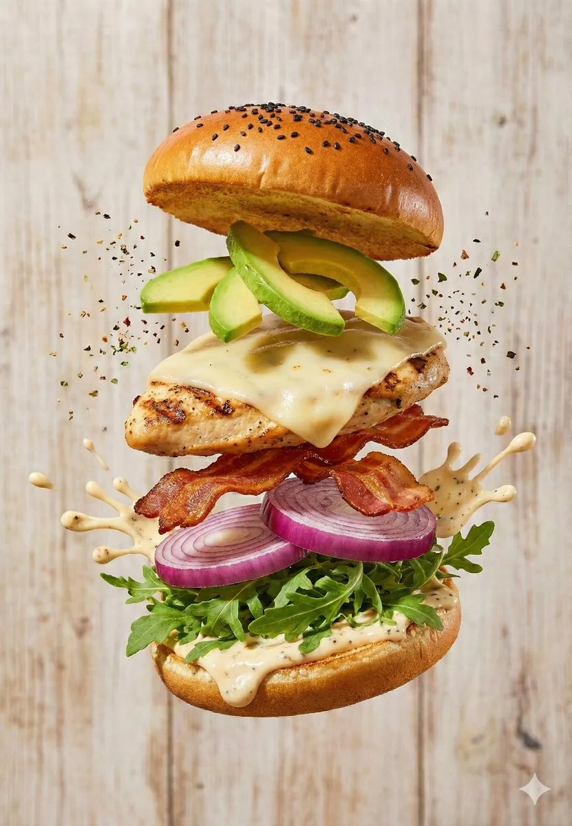 Floating Gourmet Burger Commercial Shot - Nano Banana Pro AI Prompt for Product Marketing reference