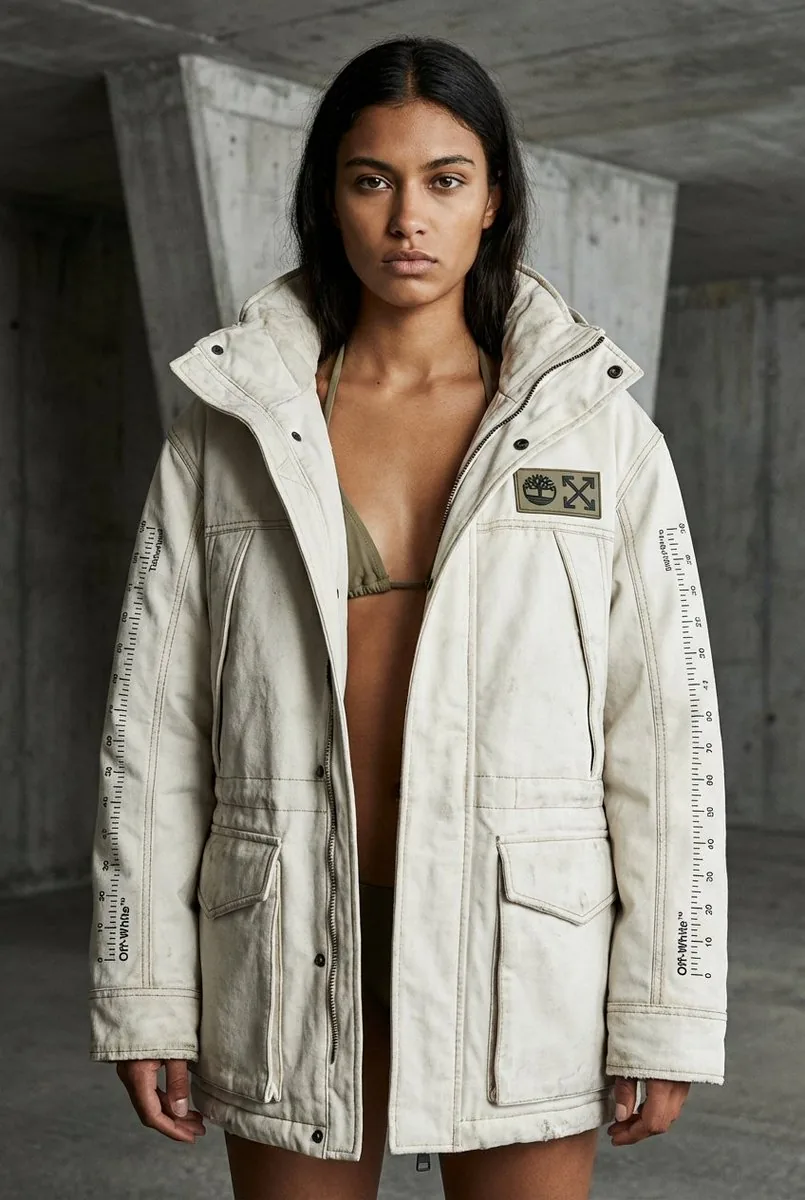 Off-White × Timberland Industrial Work Alpine Parka Editorial Prompt - Nano Banana Pro AI Prompt for Product Marketing reference