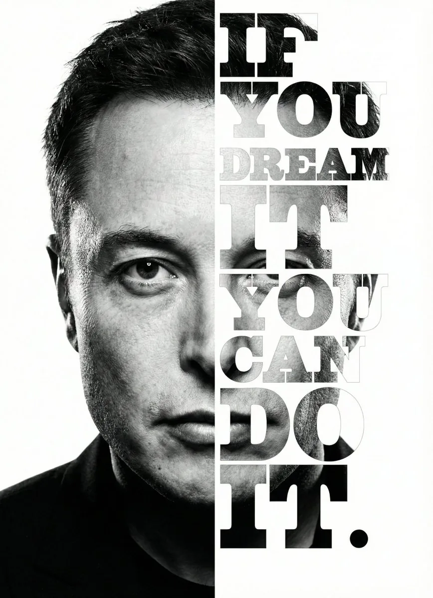 Elon Musk Typographic Split Portrait - Nano Banana Pro AI Prompt for Poster / Flyer reference