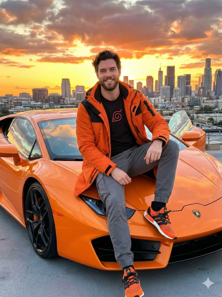 Streetwear Man on Lamborghini at Sunset reference