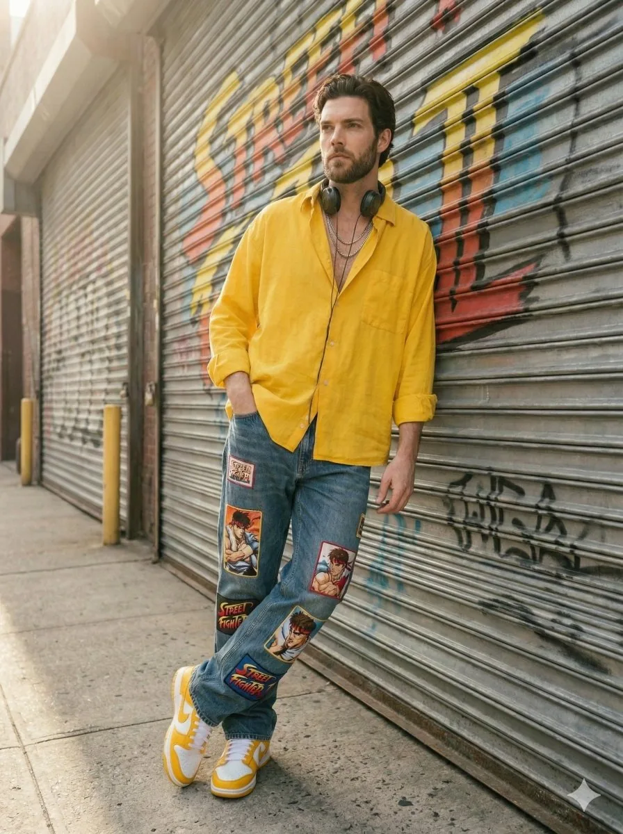 Sunlit Urban Streetwear Portrait with Retro Graffiti reference