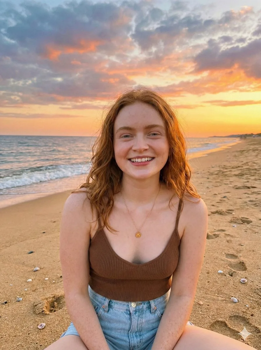 Sadie Sink Beach Sunset Portrait - Nano Banana Pro AI Prompt for Social Media Post reference