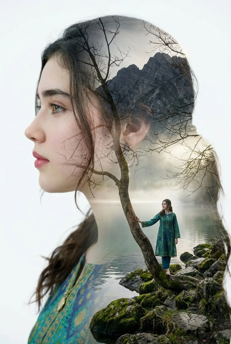 Double Exposure Portrait with Tree Branches and Landscape reference