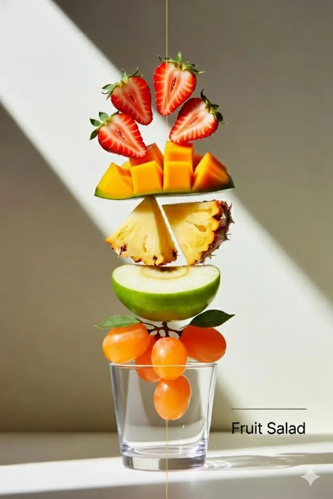 Cinematic Exploded Vertical Fruit Salad reference