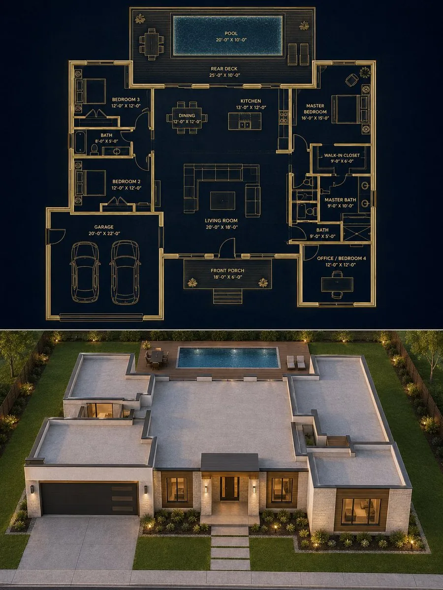 Split Blueprint and Modern House Render reference