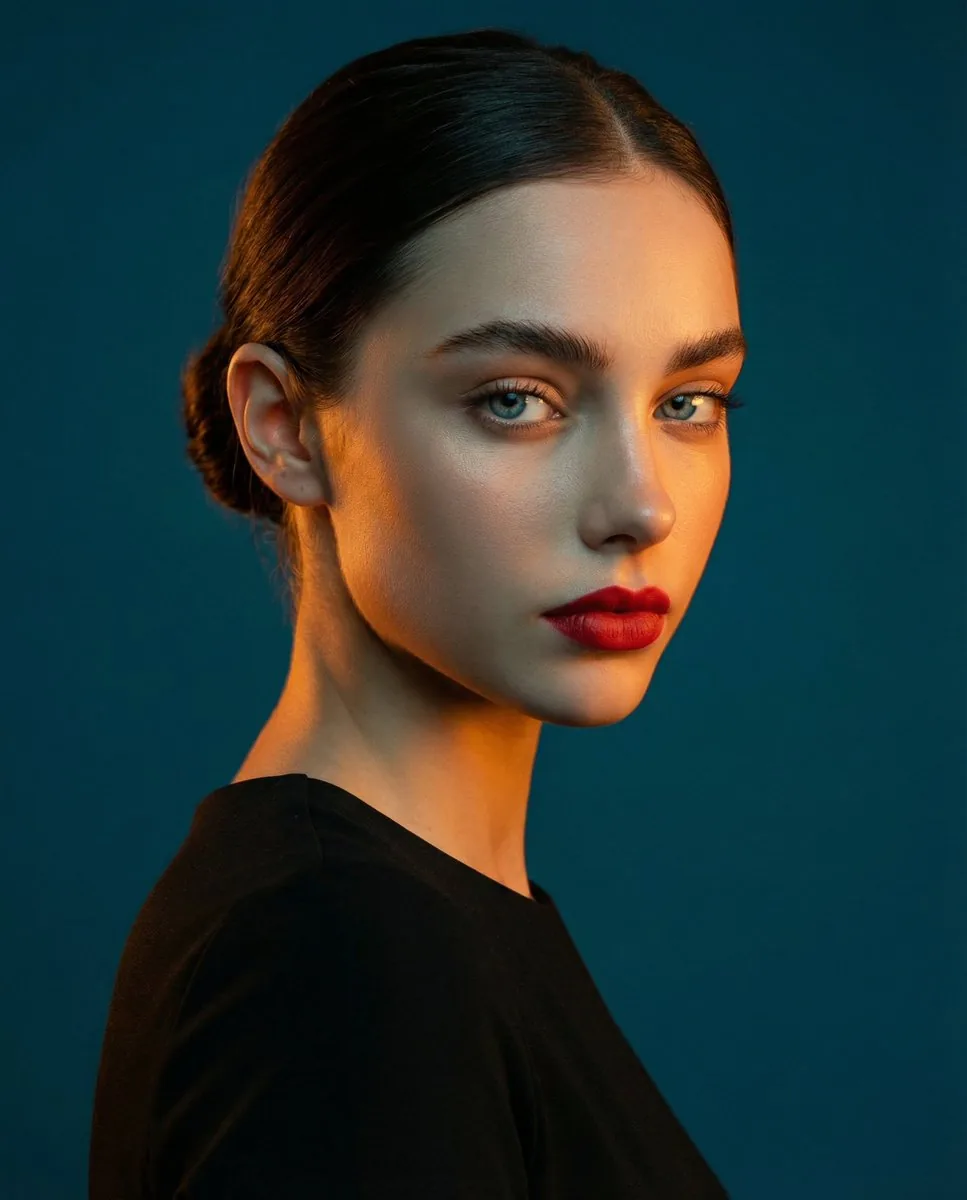 High-Contrast Studio Portrait with Teal and Orange Light reference