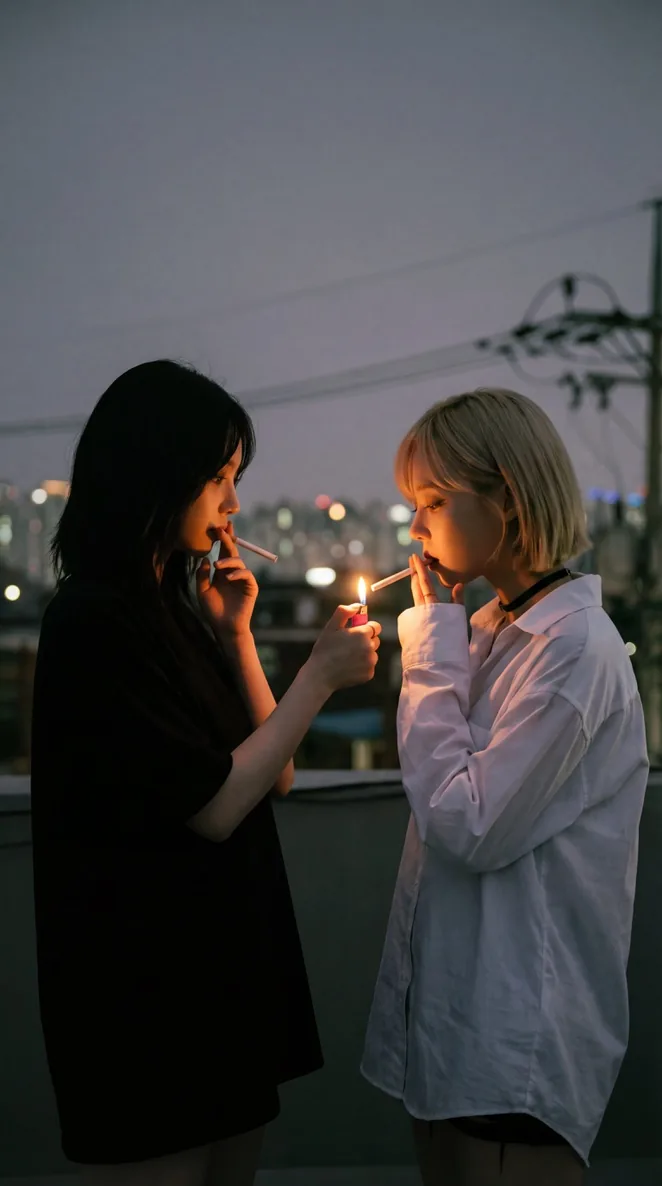 aespa Karina and Winter Cigarette Lighting Prompt for Nano Banana Pro - Nano Banana Pro AI Prompt for Social Media Post reference