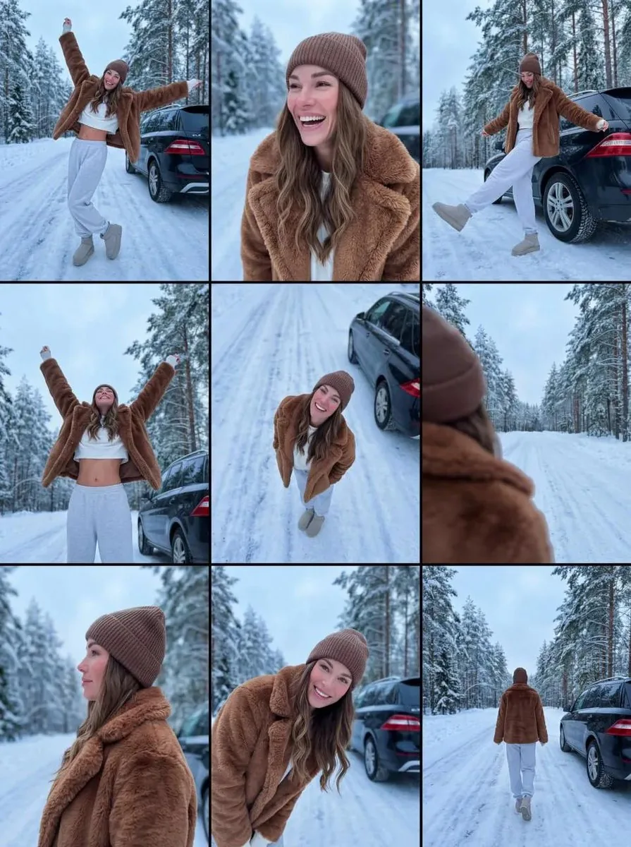 Lifestyle Collage of Woman in Winter Forest reference