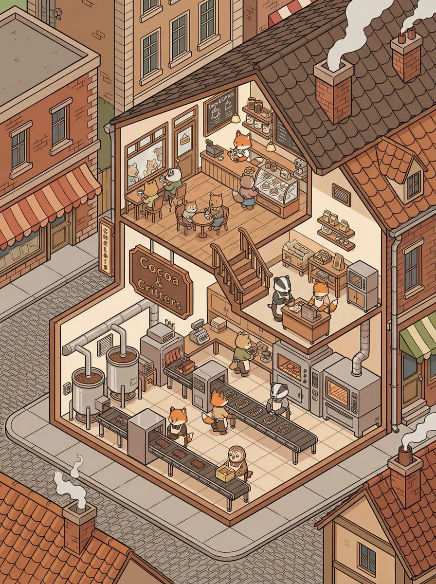 Isometric 2.5D Architectural Slice Illustration of an Animal Community - Nano Banana Pro AI Prompt for Game Asset reference