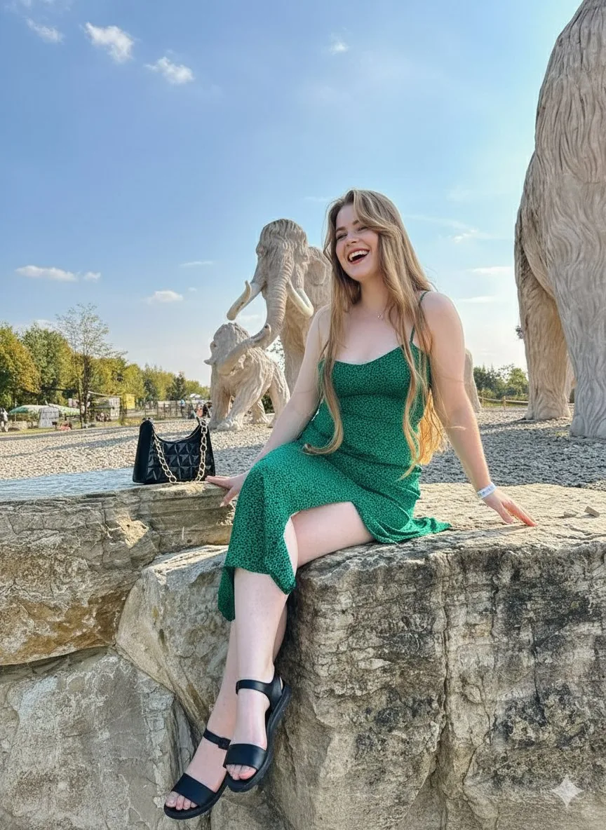 Joyful Woman at Prehistoric Mammoth Park - Nano Banana Pro AI Prompt for Product Marketing reference