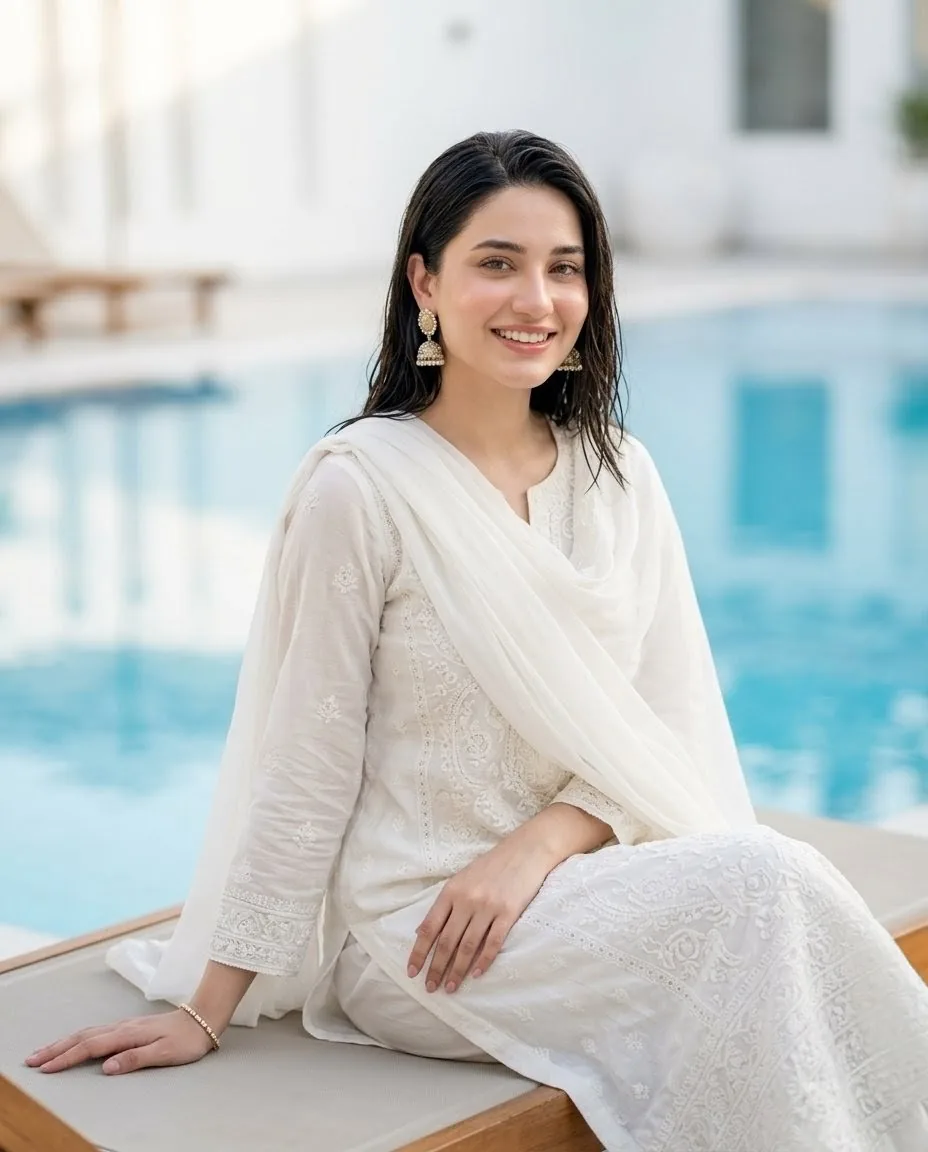White Pakistani Poolside Fashion Portrait reference