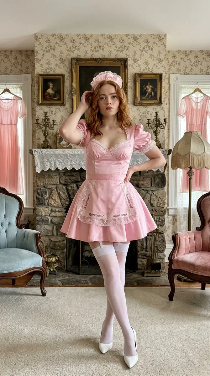 Sadie Sink in Vintage Victorian Maid Uniform - Nano Banana Pro AI Prompt for Social Media Post reference