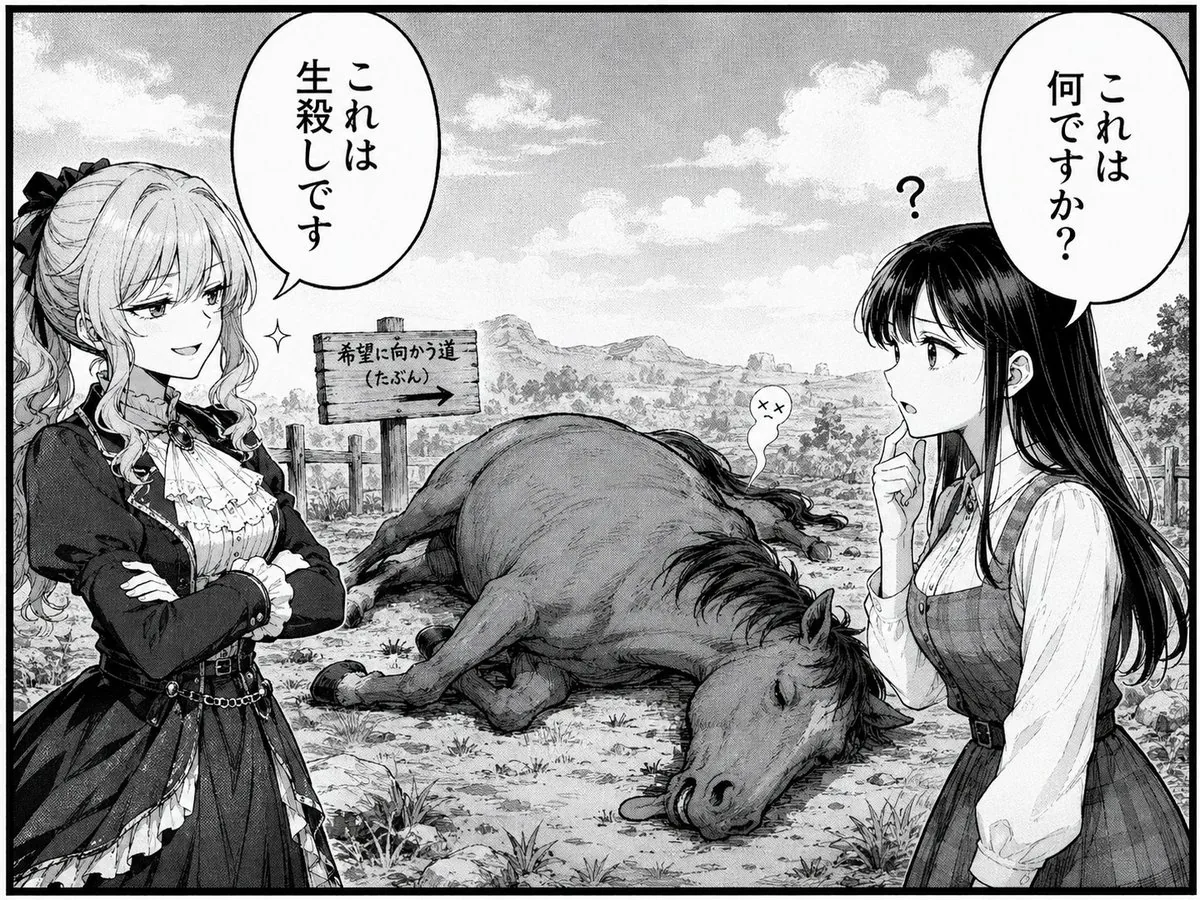 Comedic Manga Roadside Horse Scene reference