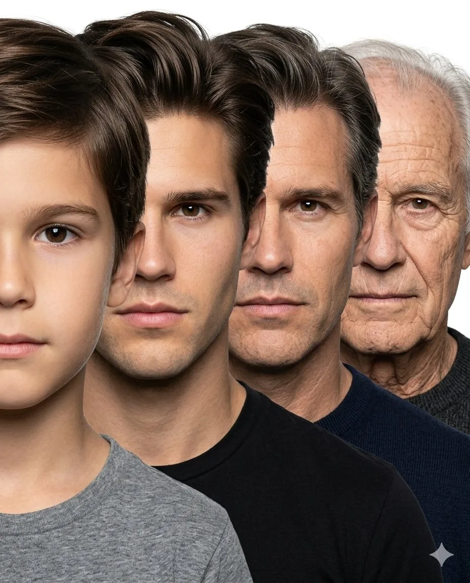 Male Age Progression Portrait - Nano Banana Pro AI Prompt for Infographic / Edu Visual reference