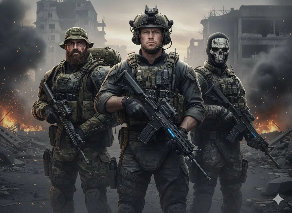 Hyper-Realistic Military Squad Portrait reference