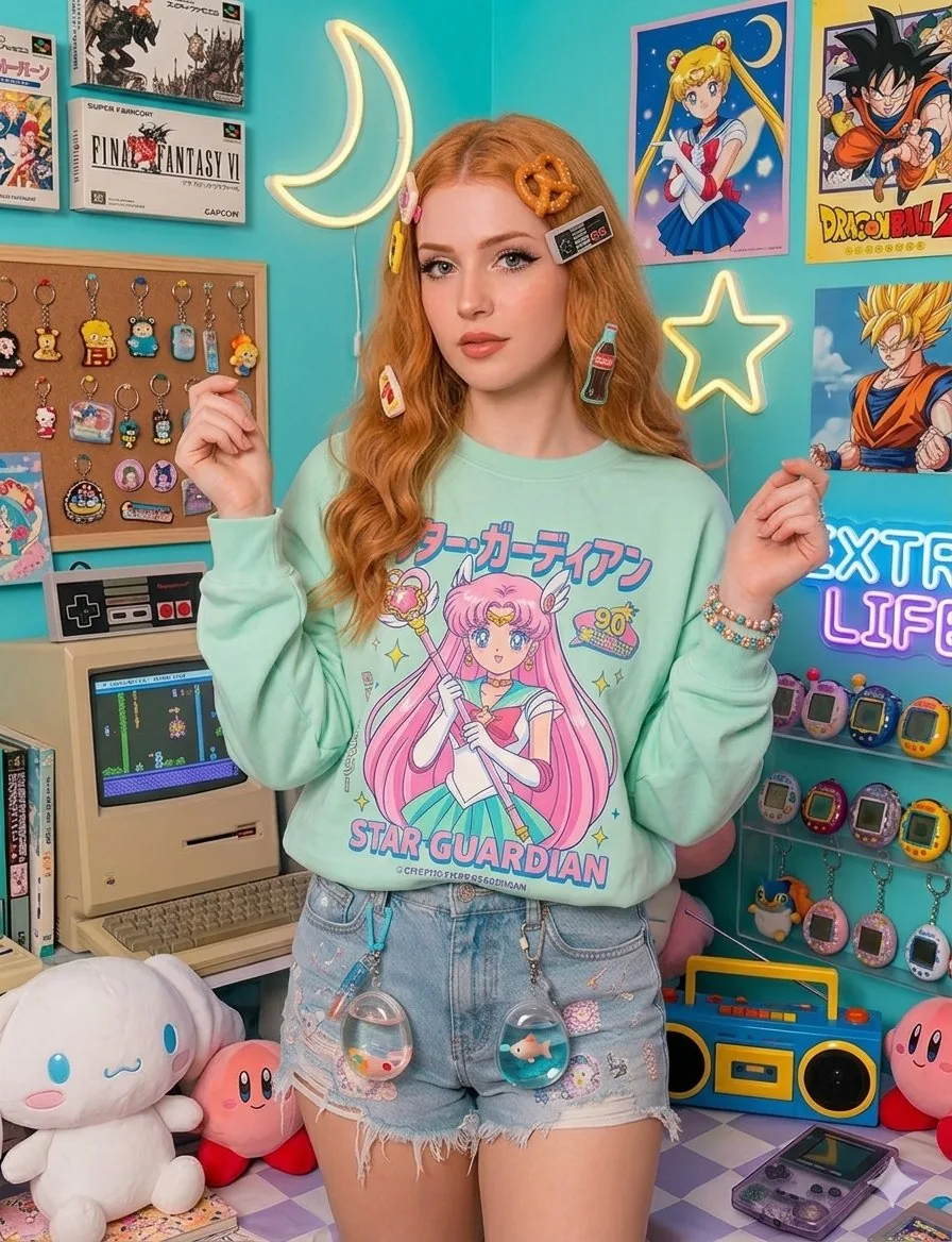 Nostalgic Gamer Girl Room Portrait - Nano Banana Pro AI Prompt for Social Media Post reference