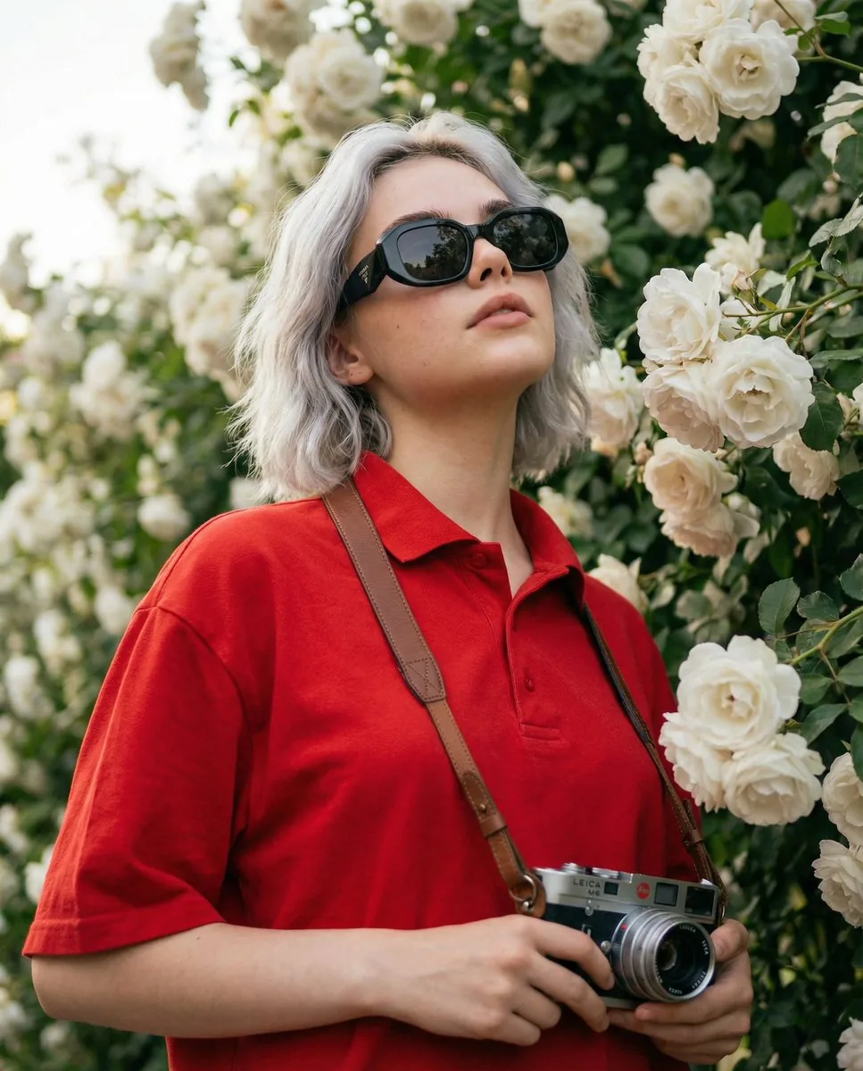 Ultra-Realistic Portrait with Vintage Camera and Flowers reference