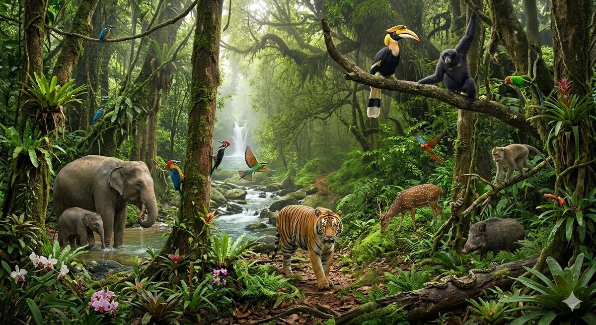 Tropical Rainforest Wildlife Ecosystem - Nano Banana Pro AI Prompt for Infographic / Edu Visual reference