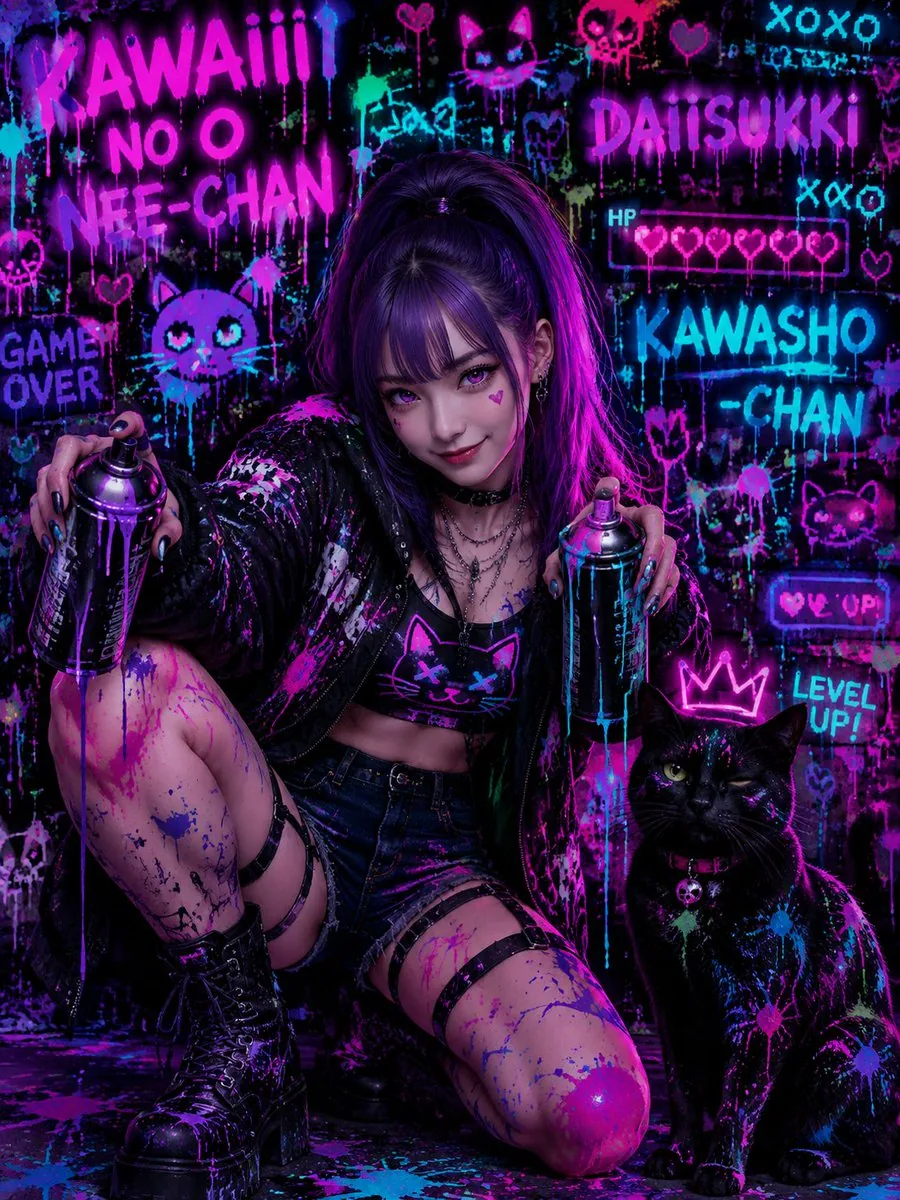 Neon Kawaii Punk Graffiti Portrait reference