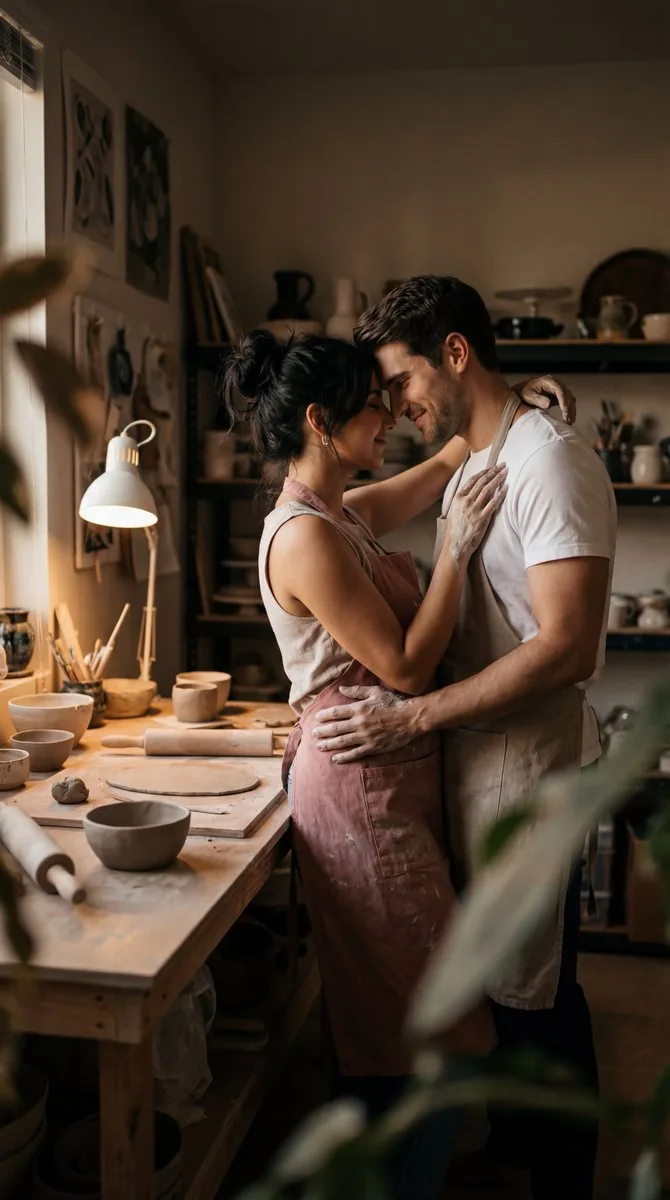 Cinematic Pottery Studio Couple Embrace Prompt - Nano Banana Pro AI Prompt for Social Media Post reference