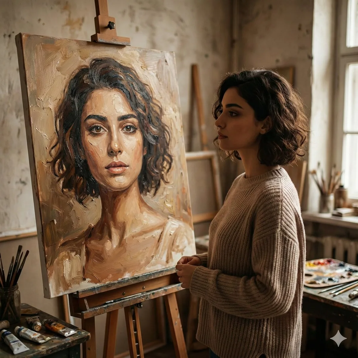 Cinematic Studio Scene of Woman Observing Portrait reference
