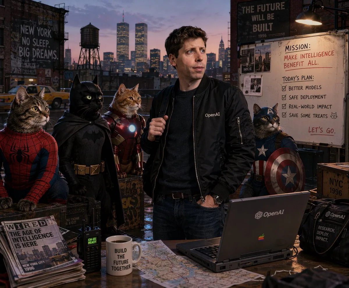 Retro Tech CEO with Superhero Cats reference