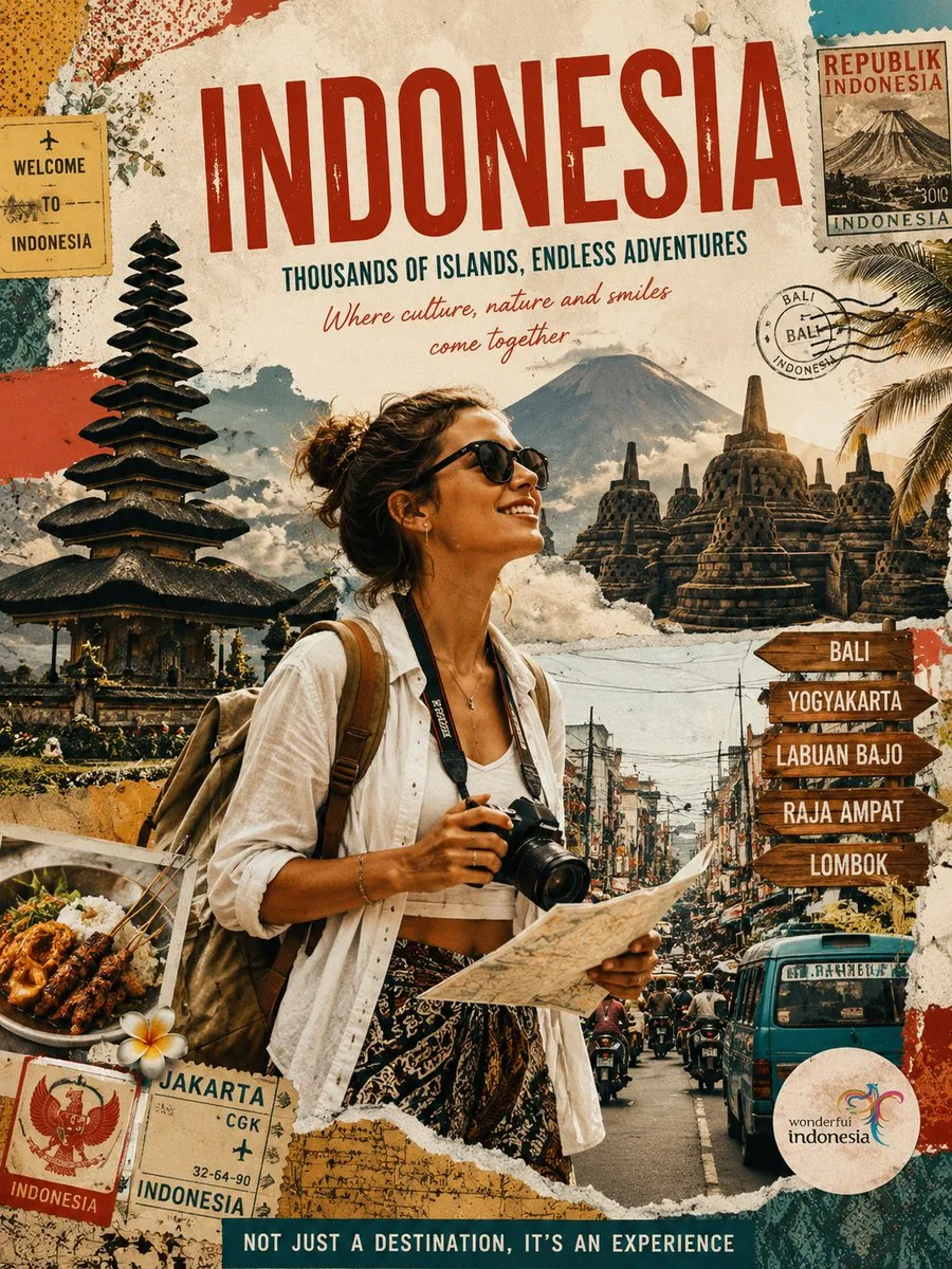 Vintage Indonesia Travel Collage Poster reference