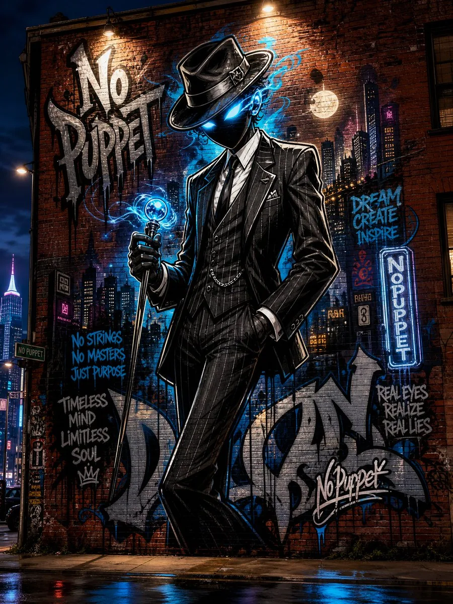 No Puppet Noir Graffiti Mural reference