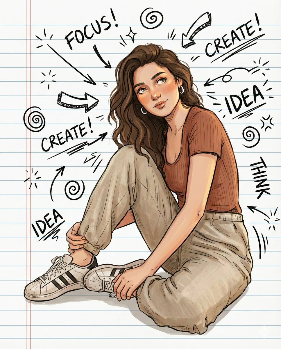 Illustrated Portrait on Ruled Notebook Background - Nano Banana Pro AI Prompt for Social Media Post reference