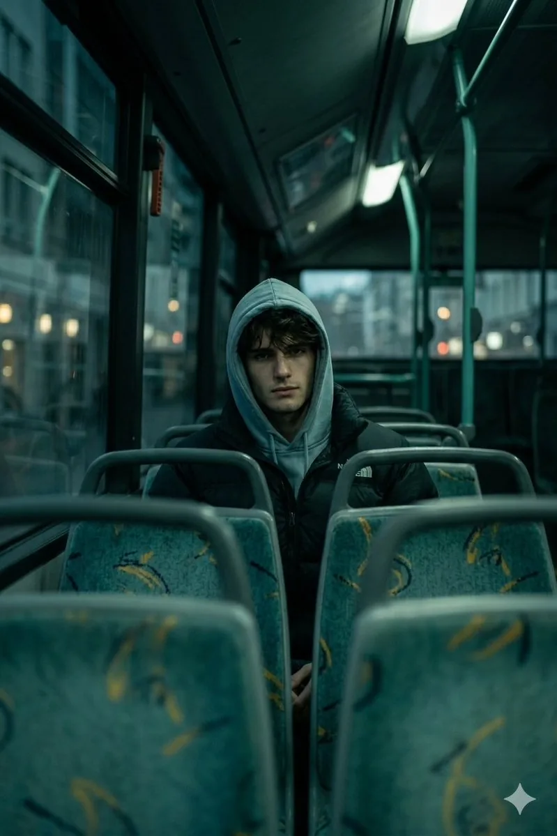 Cinematic Interior Shot of a Man on a Dimly Lit Bus - Nano Banana Pro AI Prompt for Cinematic / Film Still reference