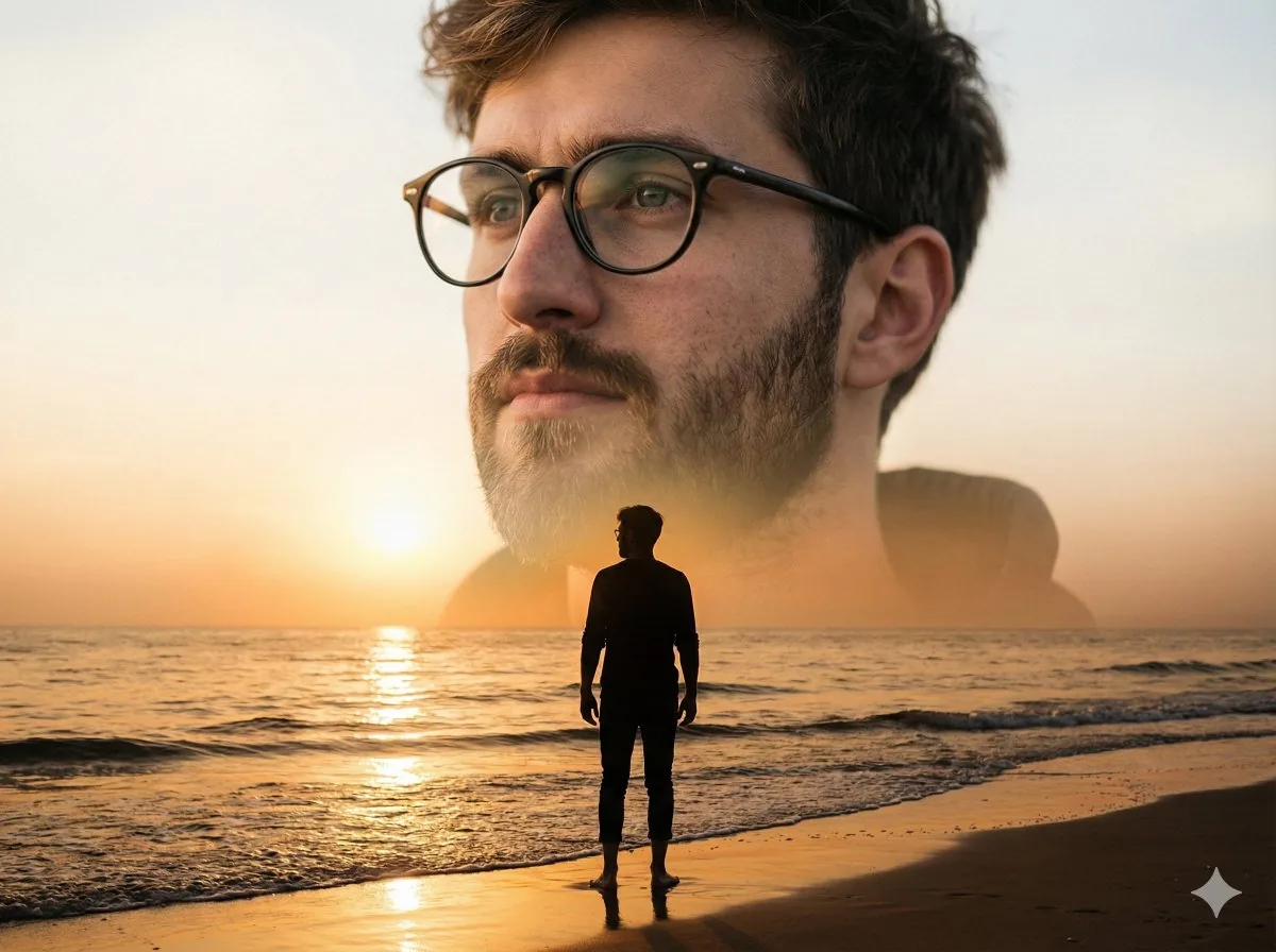Cinematic Double-Exposure Beach Portrait reference