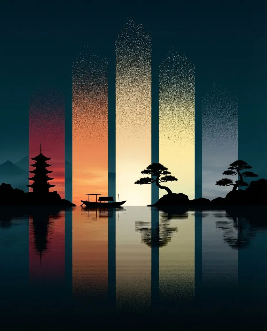 Abstract Eastern Zen Landscape with Time-Slice Lighting - Nano Banana Pro AI Prompt for Abstract / Background reference