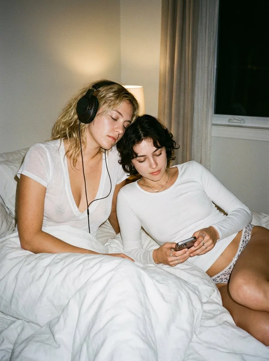 Intimate Candid Lifestyle Photo of Two Women on White Sheets - Nano Banana Pro AI Prompt for Social Media Post reference