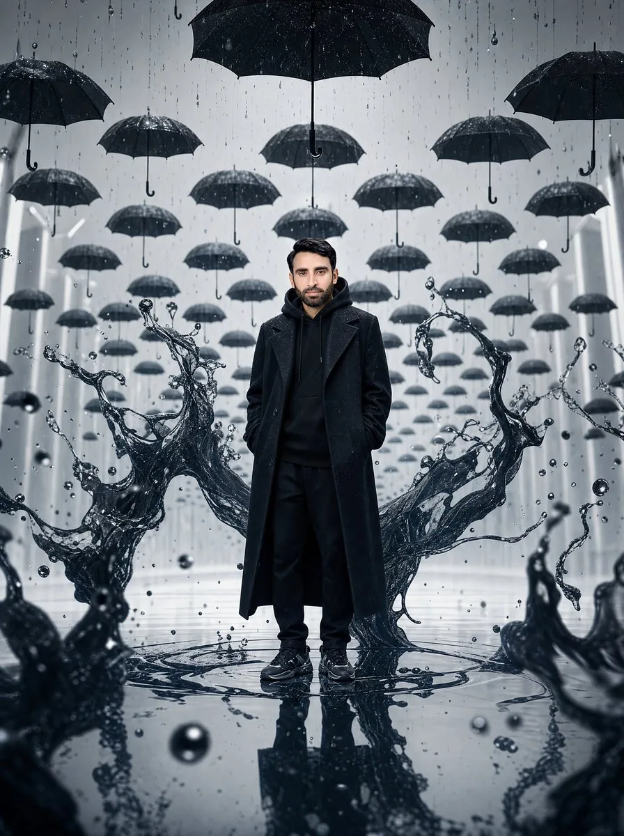 Surreal Man in Black Rain Room reference