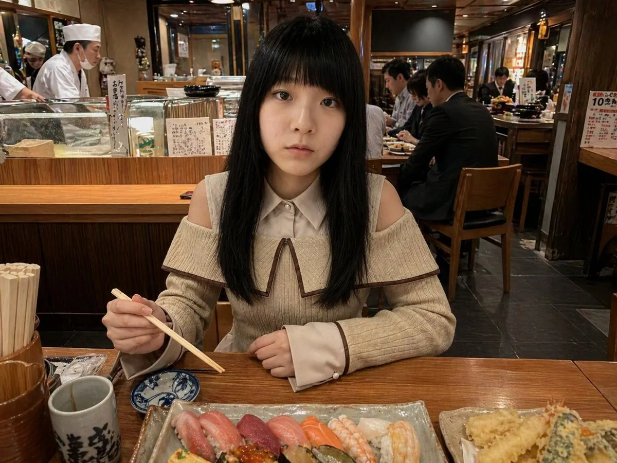Photorealistic Sushi Counter Dinner Portrait reference