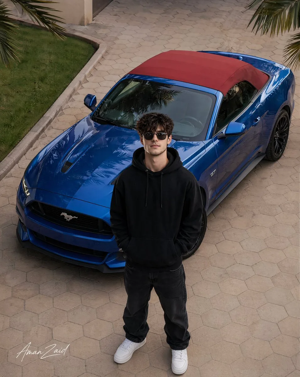 Cinematic portrait of a man with a Ford Mustang reference