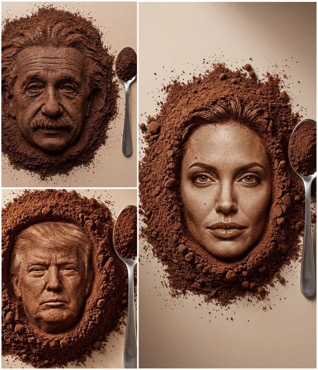 Hyper-Realistic Coffee Powder Face Impression - Nano Banana Pro AI Prompt for Product Marketing reference