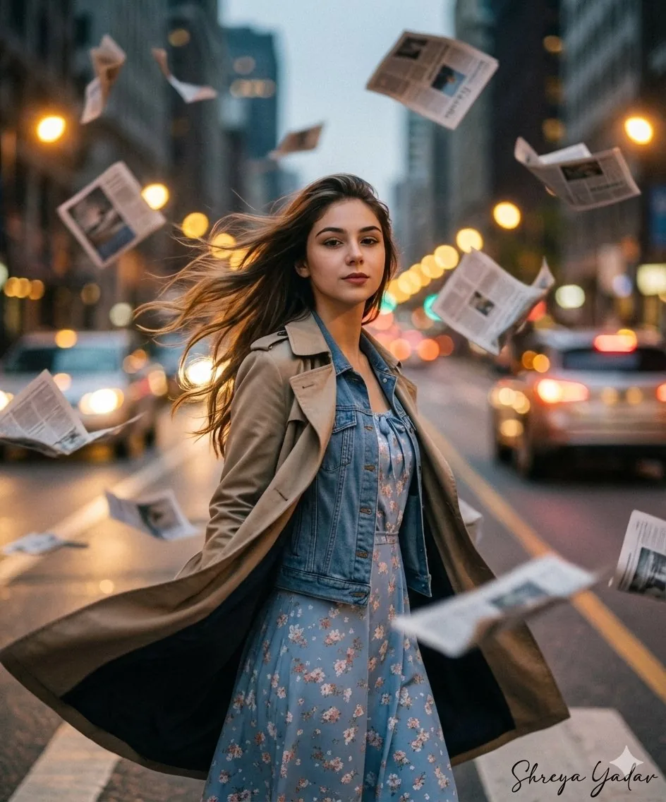 Cinematic fashion editorial in a windstorm reference