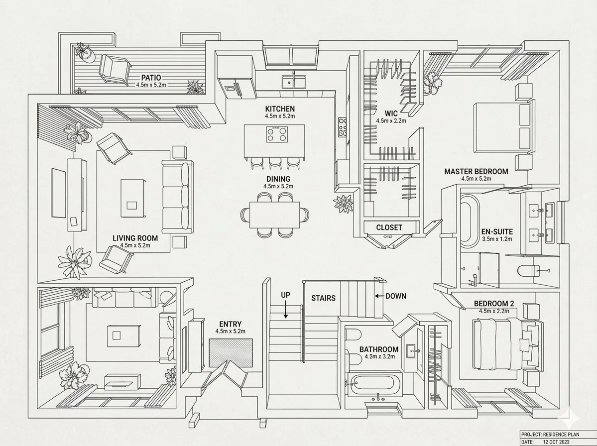 Modern Home Interior Architectural Blueprint Prompt reference