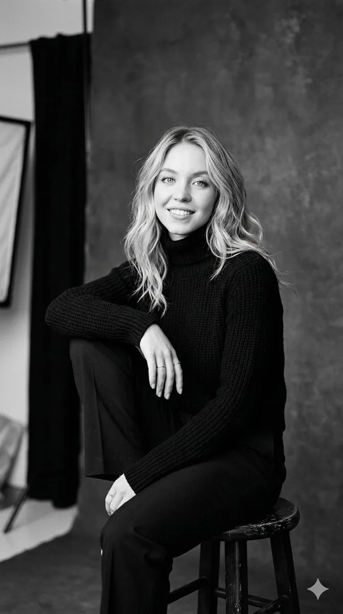 Sydney Sweeney B&W Studio Portrait reference
