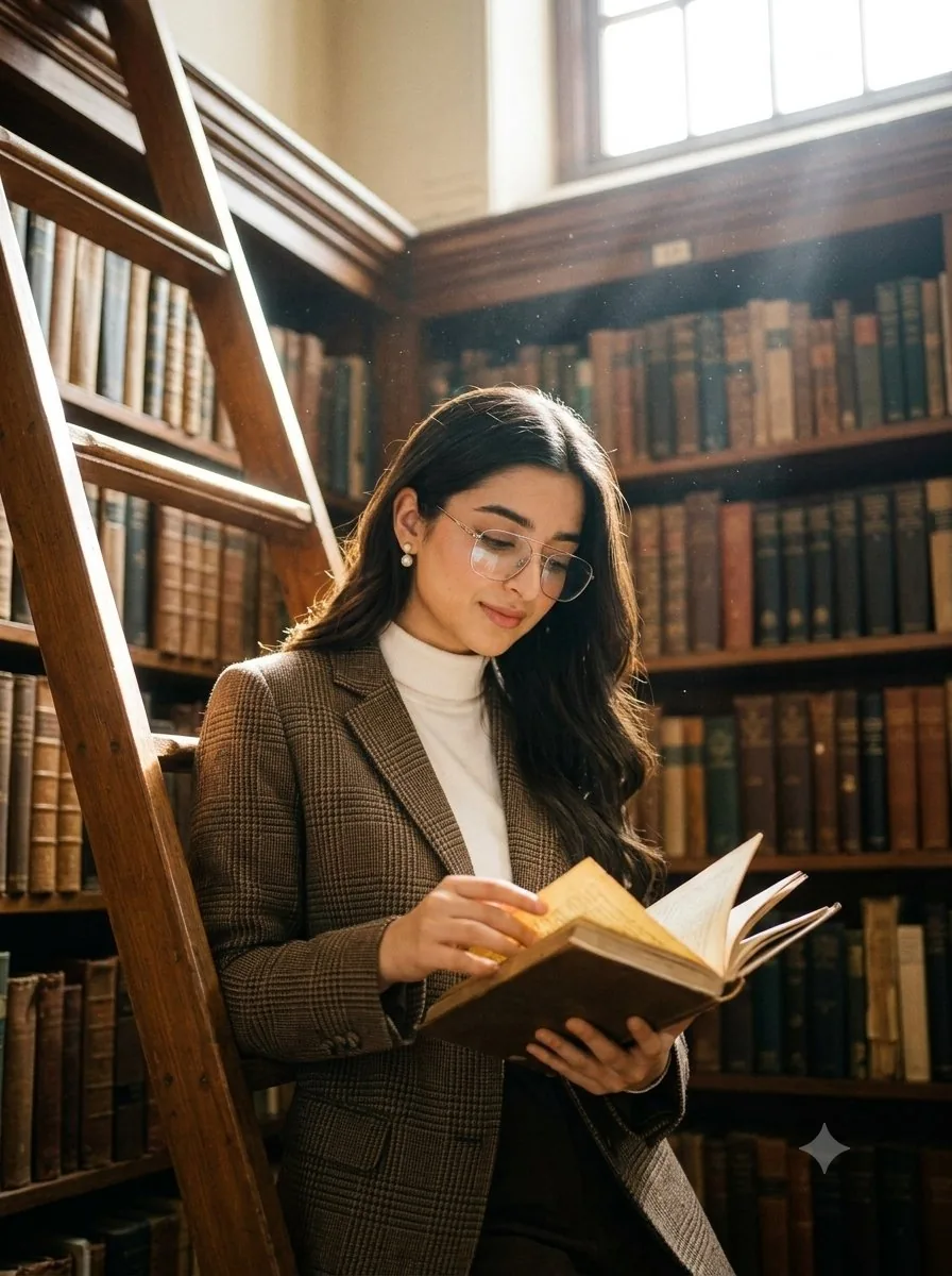 Dark academia library portrait reference
