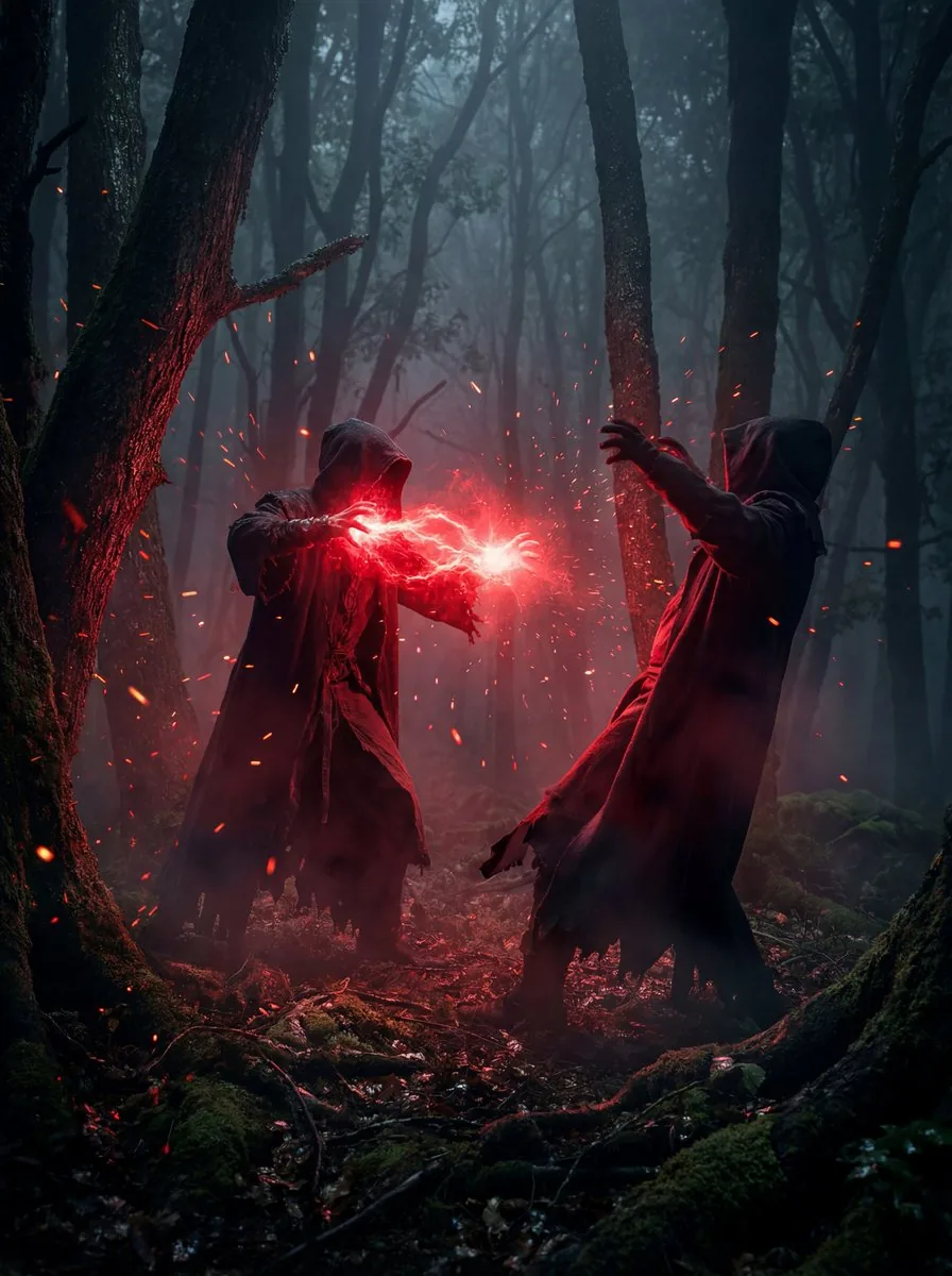 Dramatic cinematic forest clash scene reference