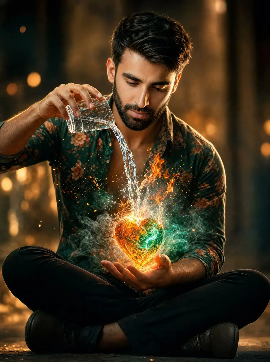 Man Pouring Water on Magic Heart reference