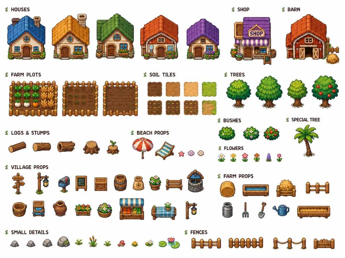 Cozy Farming Village Pixel Asset Sheet reference