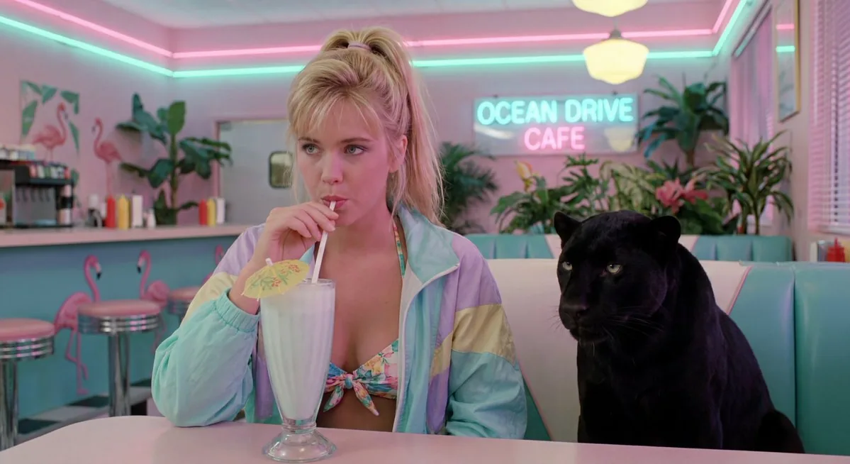 80s Miami diner bikini selfie with panther reference