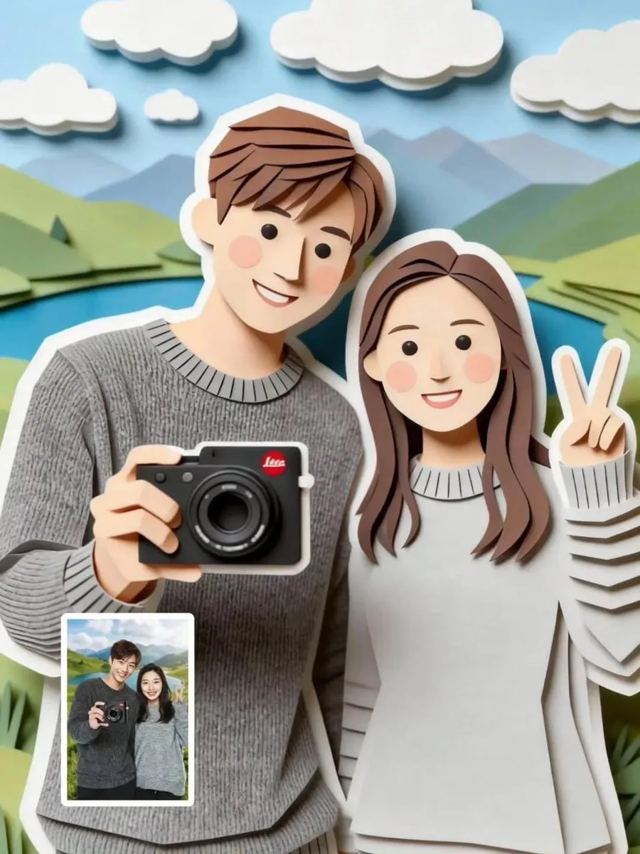 Cute Paper-Cut Style Couple Selfie Illustration reference
